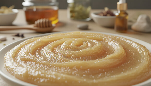 Raw creamed Manuka honey texture with velvety pearlescent surface