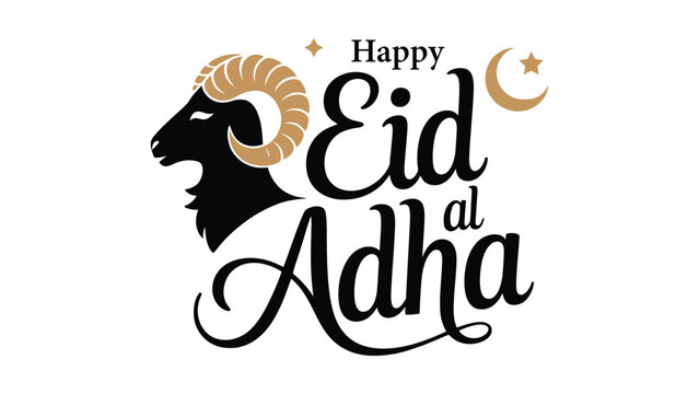 Happy Eid al Adha elegant hand lettering typography with ram head and crescent moon Islamic festival greeting design for banner poster social media template