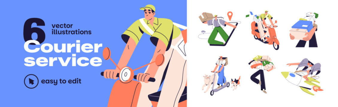 Delivery set. Courier service. People with moped, scooter deliver parcels and pizza. Characters carry boxes and post. Concept of logistic business. Flat isolated vector illustrations on white