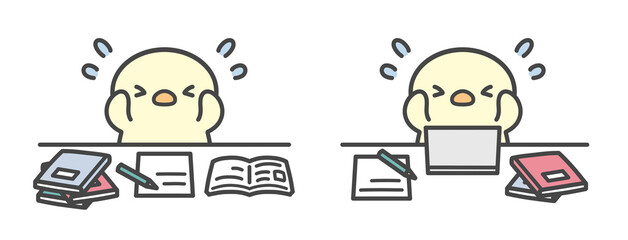 勉強や仕事で頭を抱えて焦るひよこの手書き線画イラストセット © Nitomaru