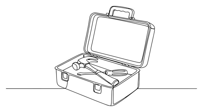 Continuous one line drawing of an open toolbox containing a hammer and a screwdriver