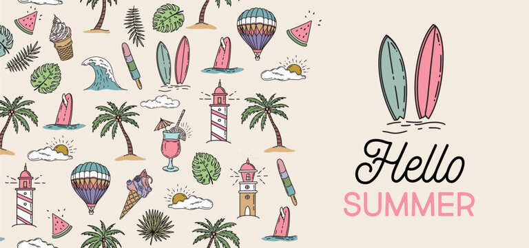 Hello Summer, pattern with air balloon, palm, surfboard and wave, hand drawn illustration.	
