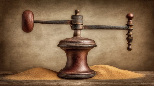 Antique Screw Press Tool with Textured Surface and Aged Patina, a Vintage Mechanical Device