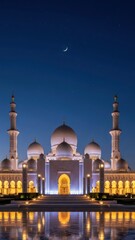 Obraz premium Grand mosque at dusk illuminated architecture silhouette reflection