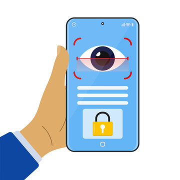 Hand holding smartphone with biometric eye scan and lock icon screen. Rpresenting mobile security, identity verification, privacy protection and digital authentication technology