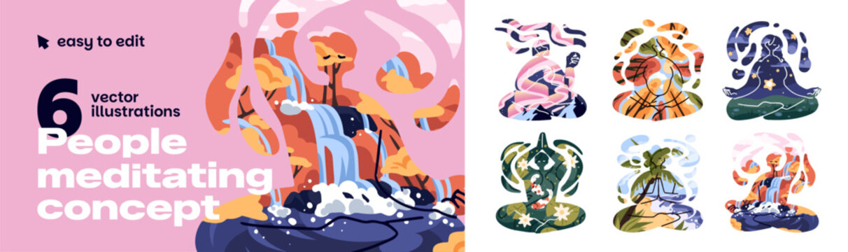 Concept of meditation. Set of abstract people silhouettes in yoga asanas with landscapes. Retreat and harmony with nature. Zen in lotus pose. Flat isolated vector illustrations on white background