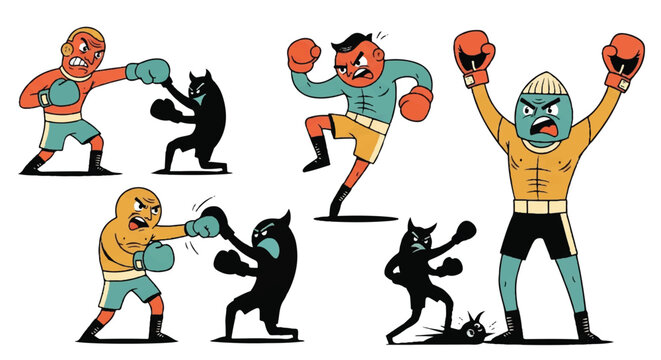 Cartoon boxers in action with shadow figures illustration