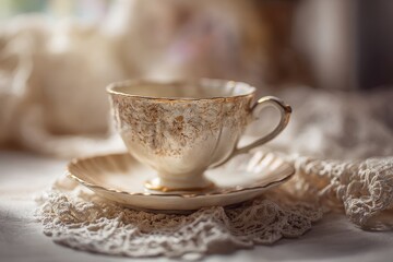 Fototapeta premium Delicate teacup with saucer photographed on lace and linen, soft shadows, muted tones