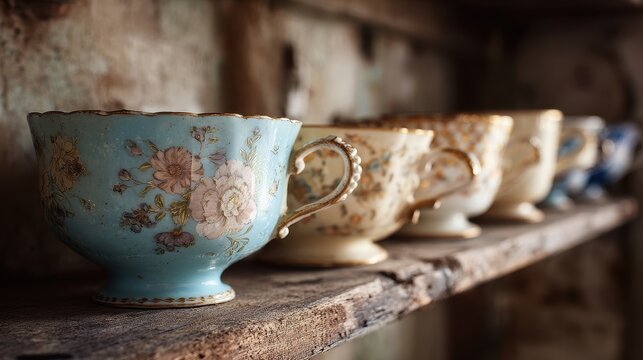 Delicate floral teacups in a time-worn glaze lined in a neat row