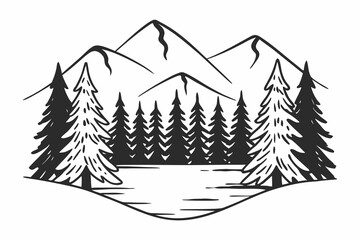 Obraz premium Black and white mountain landscape, forest silhouette, pine tree vector, scenic mountain range