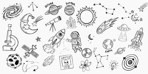 A detailed collection of hand-drawn space and astronomy sketches on a white background, featuring astronauts, rockets, planets, stars, galaxies, telescopes, and various celestial and science icons. © Stefano Tammaro