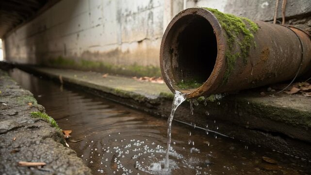 Underground utility network below city concept. Rusty drain pipe with moss releasing water pollution in urban environment drainage canal