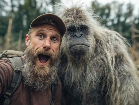 Man takes excited selfie with grumpy bigfoot in forest