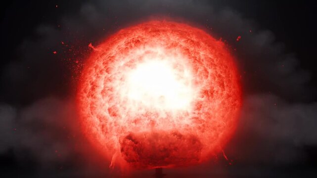 Massive Red Fiery Explosion Emitting Bright Light Against Dark Smoky Background Dramatic Cataclysmic Event