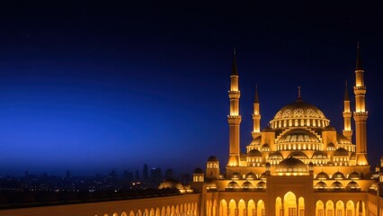 Fototapeta premium Lit mosque silhouette against dark night sky architecture photography
