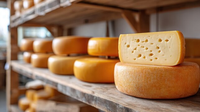 Round wheels of cheese displayed on wooden shelves in a dairy storage facility, with one cut piece revealing holes and creamy texture, showcasing artisanal cheese production