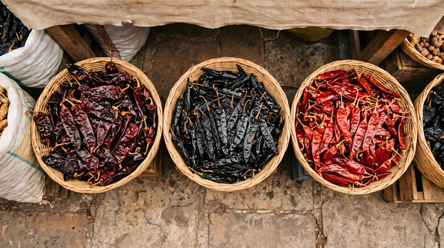 Top view of three wicker baskets filled with various types of dried Mexican chili peppers including ancho, pasilla, and guajillo at market.