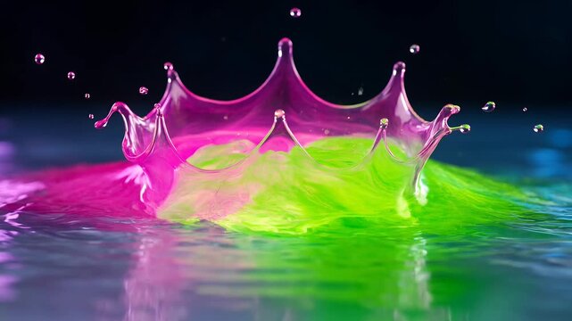 Vibrant Liquid Explosion Crown Splash Vivid Pink and Neon Green Colors Abstract Macro Photography with Ripples and Droplets on Dark Background