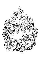 Fototapeta premium Royal crown with roses, thorns and flowing ribbon coloring page isolated on white