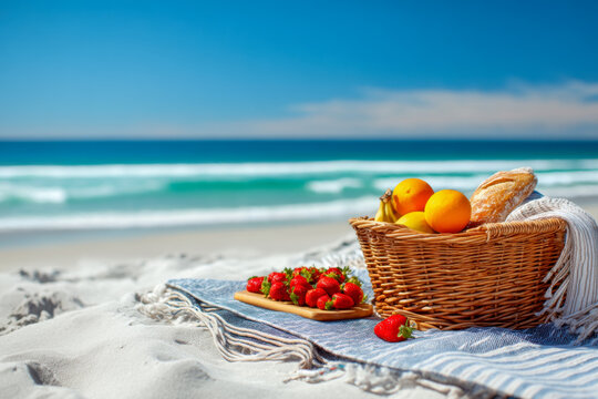 Wicker picnic basket full of fresh fruit and bread on a sandy beach with blue ocean background, summer vacation concept