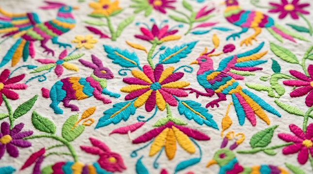 Colorful Mexican Otomi embroidery pattern featuring hand-stitched birds, rabbits, and flowers in vibrant pink, yellow, and blue on white fabric background.