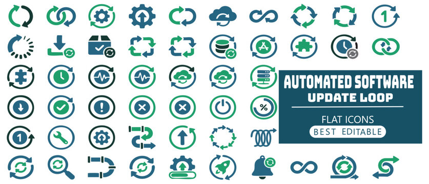 Collection of circular arrow refresh icons and technology symbols for automated software update loop concept on white background.