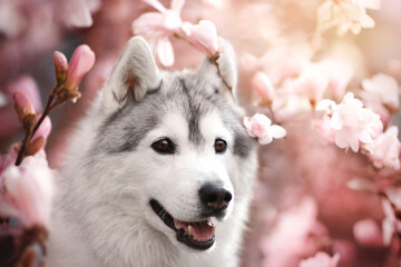 Beautiful Siberian Husky dog portrait in pink magnolia flowers, cute fluffy pet surrounded by spring blossom, adorable grey and white doggy in blooming garden, nature background, soft sunny light © Krystsina