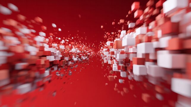 Numerous red and white cubes explode and swirl outwards.