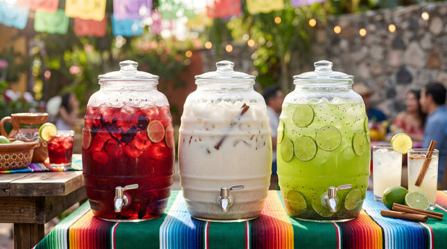 Three large glass vitrolero dispensers filled with colorful Mexican aguas frescas horchata, hibiscus jamaica, and lime juice at a festive outdoor party.