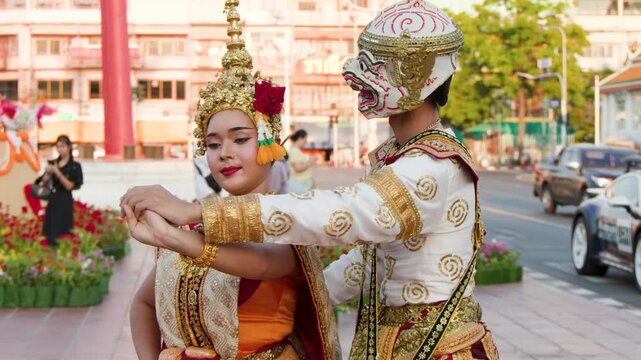 Traditional Thai Khon Dance Performance with Hanuman and Suphannamatcha Characters