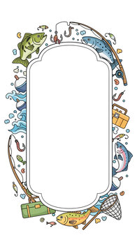 Artistic Fishing Illustration with Fish, Hooks, and Fishing Gear Bordering a Blank Frame.