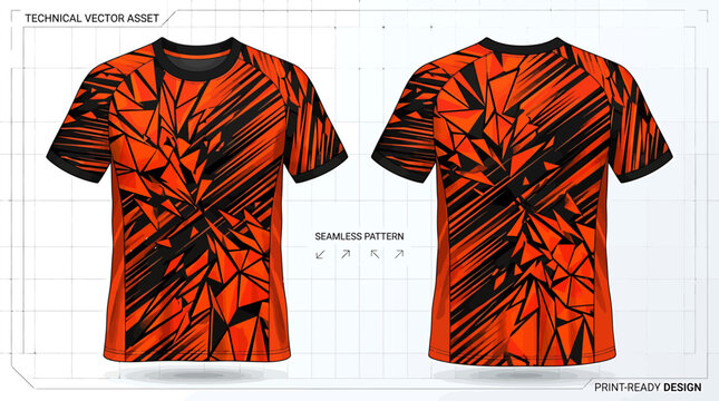 Sport jersey design template with orange and black geometric pattern, technical vector asset for athletic apparel, sublimation print ready sports t-shirt