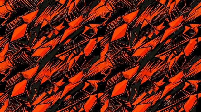 Racing geometric pattern in orange and black, aggressive sports wrap vector, seamless abstract shards background for automotive vinyl and apparel