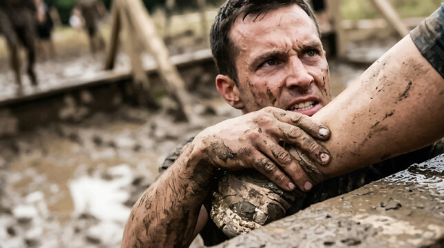 Intense mud run obstacle course competition, determined athlete climbing wooden wall, extreme outdoor fitness challenge with muddy hands and face