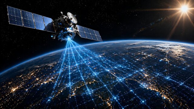 Satellite transmitting global data network over Earth at night with city lights