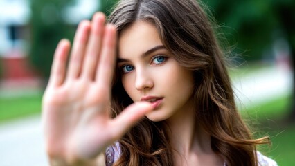 Naklejka premium Young woman showing palm in suburban outdoor background