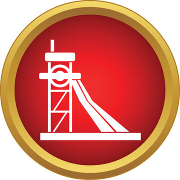 Mine shaft headframe structure with a pulley and conveyor belt on a red circle background