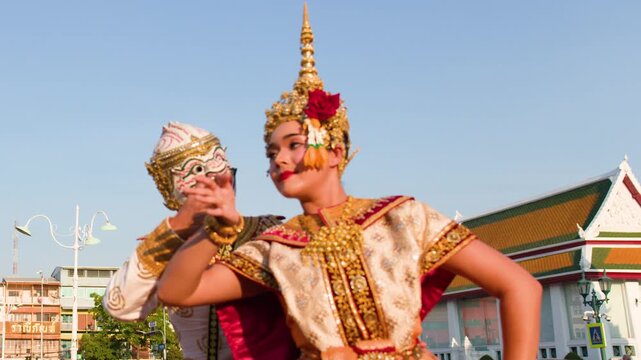 Traditional Thai Khon Dance Performance at Wat Suthat Thepwararam in Bangkok