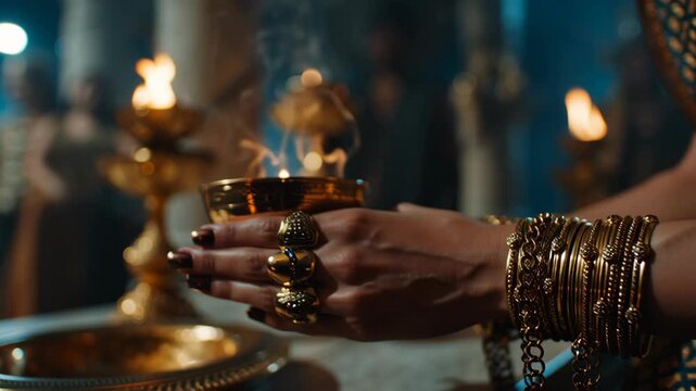 Ancient Egypt Cleopatra Isis Prayer Ritual Torchlit Temple Scene with Gold Jewelry and Candle Flame