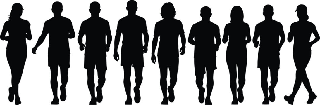 Running people silhouettes in front view isolated on white background representing fitness activity, group jogging, healthy lifestyle and dynamic human motion concept