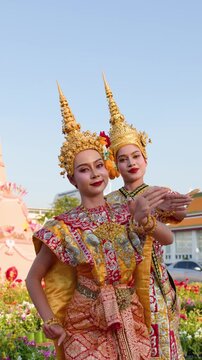 Traditional Thai Khon Dancers Perform at Wat Suthat Near Giant Swing