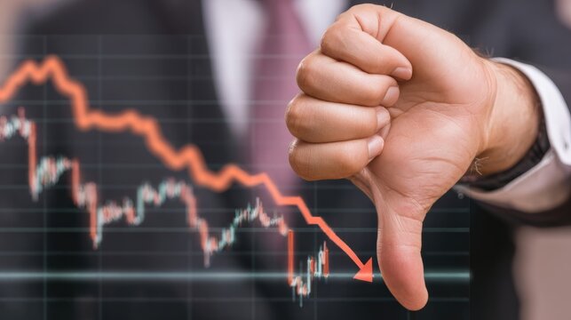 Businessman thumb down gesture over falling red financial stock chart. Market crash and economic crisis concept. Decline of investment performance and poor company growth statistic result.
