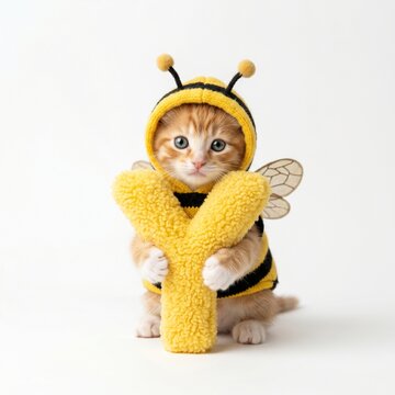 little cute kitten with yellowjacket costume holding fluffy yellow Y letter