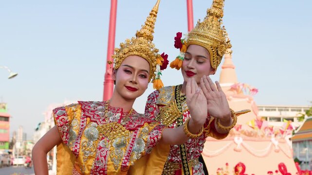 Two Female Thai Khon Dancers Perform at Wat Suthat in Bangkok