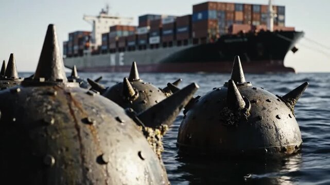 Naval mines floating in ocean near large cargo ship