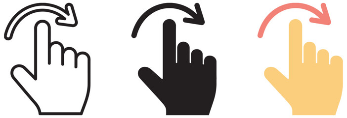 Fototapeta premium Swipe right gesture icons with hand cursor in outline, solid and flat color design styles