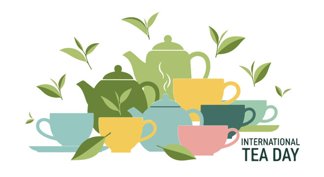 A colorful flat lay of tea cups and teapots with leaves on International Tea Day against a clean white background