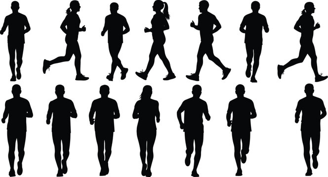 Running people silhouettes set in various poses isolated on white background representing fitness activity, jogging sequence and healthy active lifestyle concept