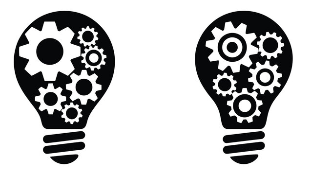Light bulb filled with gears symbolizing mechanism silhouette on white background vector illustration, innovation engineering concept representing mechanical thinking idea generation problem solving 