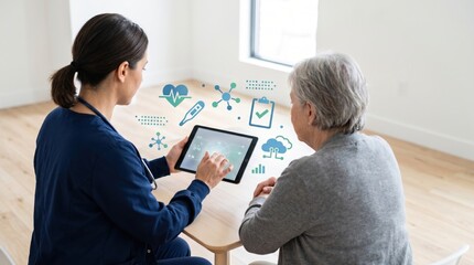 Obraz premium Overhead view of nurse showing medical data on tablet to elderly patient with digital health icons overlay healthcare technology concept